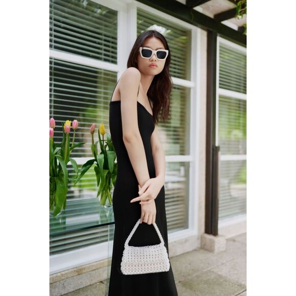 Black Zara Square-Neck Fit-and-Flare Spaghetti Strap Pullover Midi Dress (NWT) - Picture 7 of 9